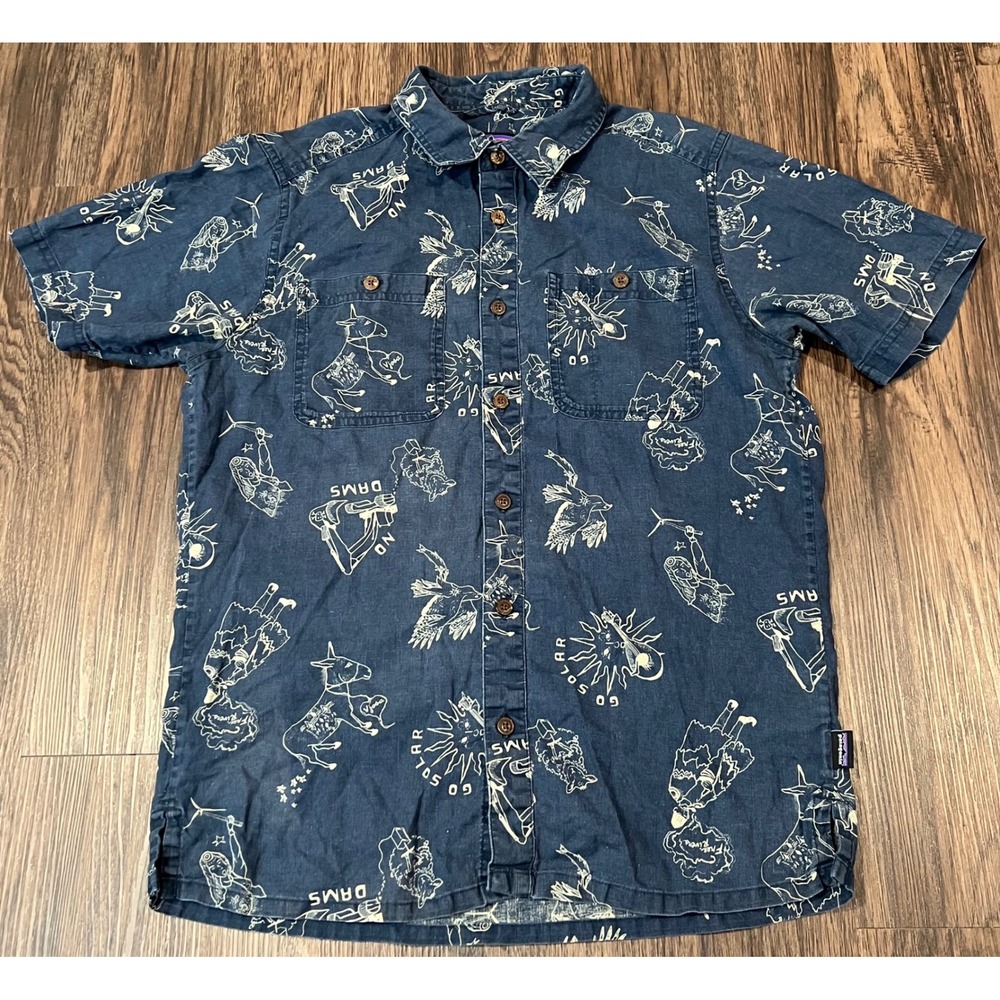 Patagonia Mens Go Solar No Dams Hemp Organic Cotton Button Down Shirt Blue Small